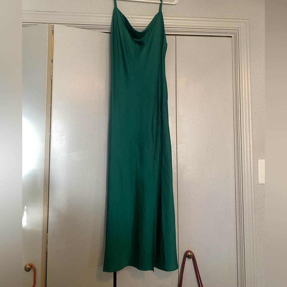 Green satin cowl slip dress